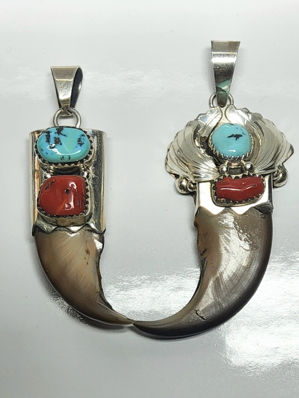 Sterling Silver 925 Elaine Sam His And Hers Red Coral Turquoise Claw Pendants